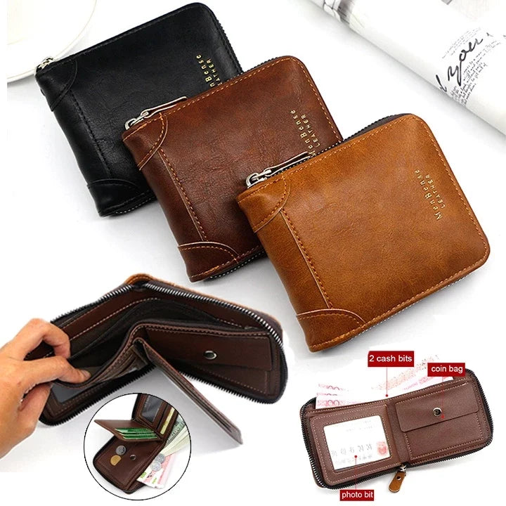 2026 Men's Compact Bifold Wallet - Oil Wax PU Leather Multi-Card Holder with Zipper Coin Pocket