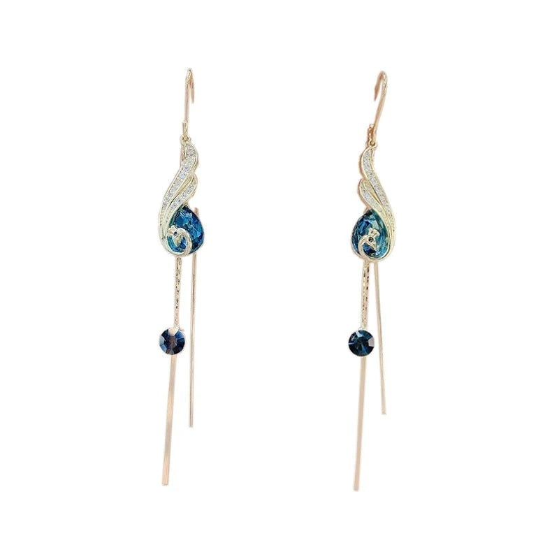 Celestial Gold Earrings with Blue Beads & Chain Tassels