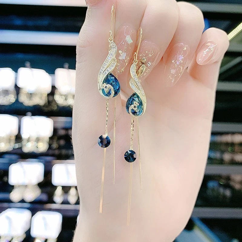 Celestial Gold Earrings with Blue Beads & Chain Tassels
