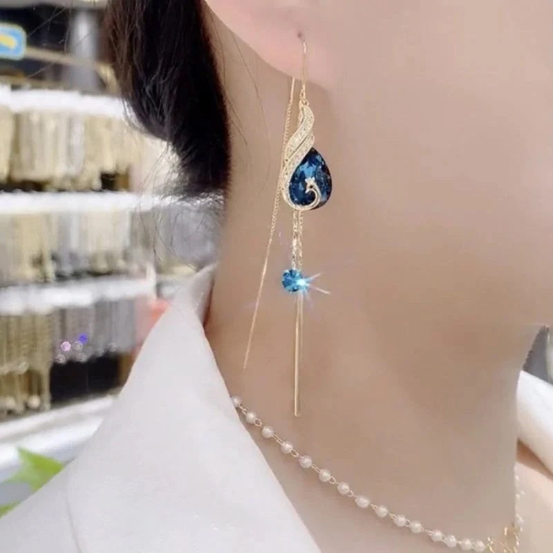 Celestial Gold Earrings with Blue Beads & Chain Tassels