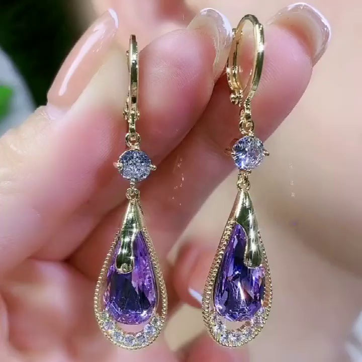 Drop Earrings with Purple Gemstone & Diamond Halo