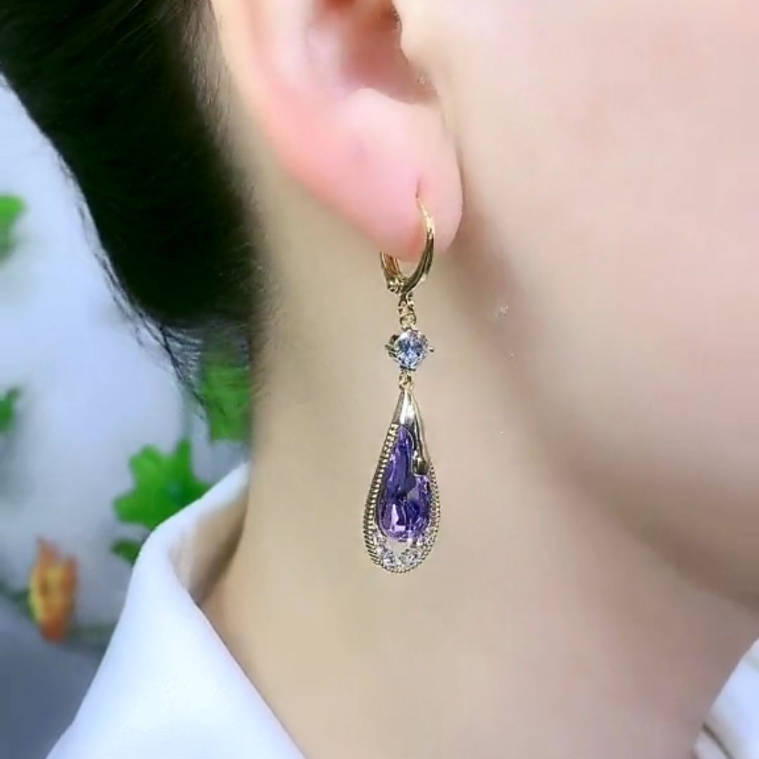 Drop Earrings with Purple Gemstone & Diamond Halo