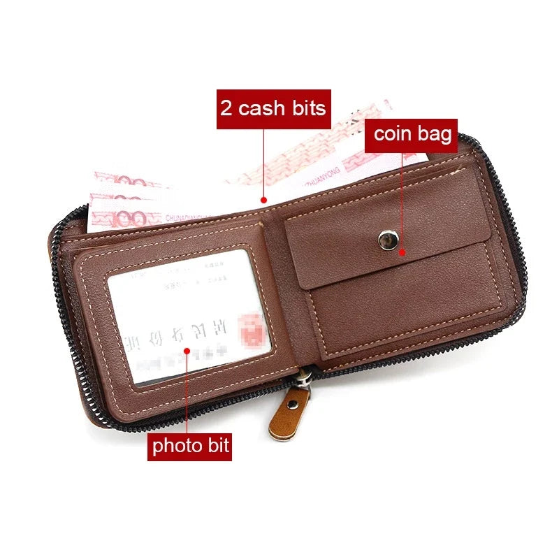 2026 Men's Compact Bifold Wallet - Oil Wax PU Leather Multi-Card Holder with Zipper Coin Pocket