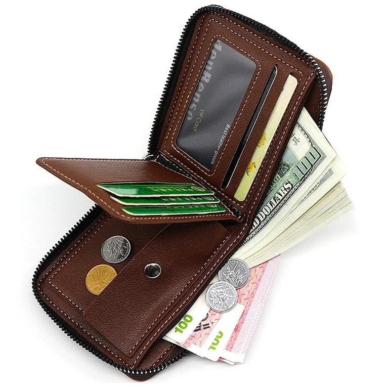 2026 Men's Compact Bifold Wallet - Oil Wax PU Leather Multi-Card Holder with Zipper Coin Pocket