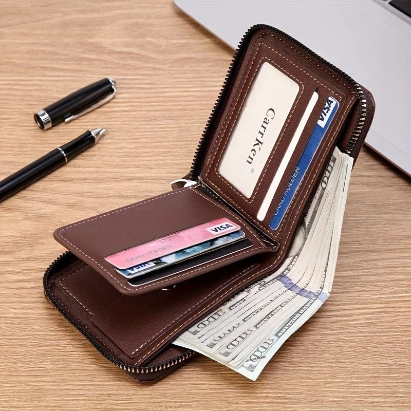 Premium Men's Leather Wallet - Large Capacity Zipper Purse with Multiple Card Slots