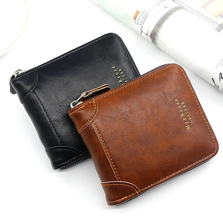 2026 Men's Compact Bifold Wallet - Oil Wax PU Leather Multi-Card Holder with Zipper Coin Pocket