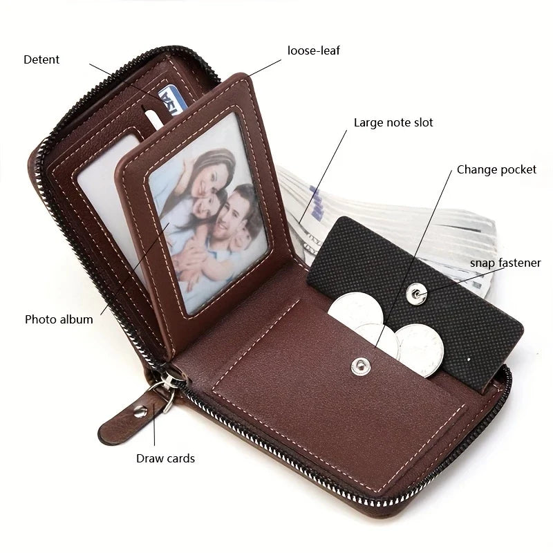 Premium Men's Leather Wallet - Large Capacity Zipper Purse with Multiple Card Slots