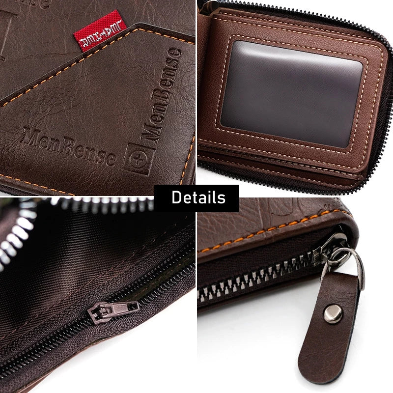 Premium Men's Leather Wallet - Large Capacity Zipper Purse with Multiple Card Slots