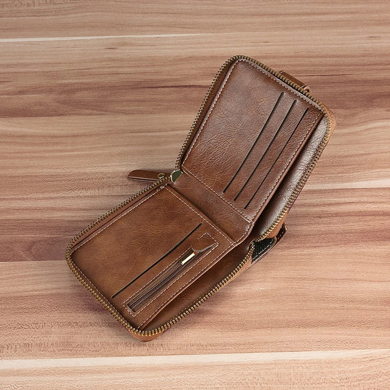 LABER LEE Vintage Men's Leather Wallet - Classic Leather Short Bifold with Hasp & Zipper | Premium Mini Purse for Men