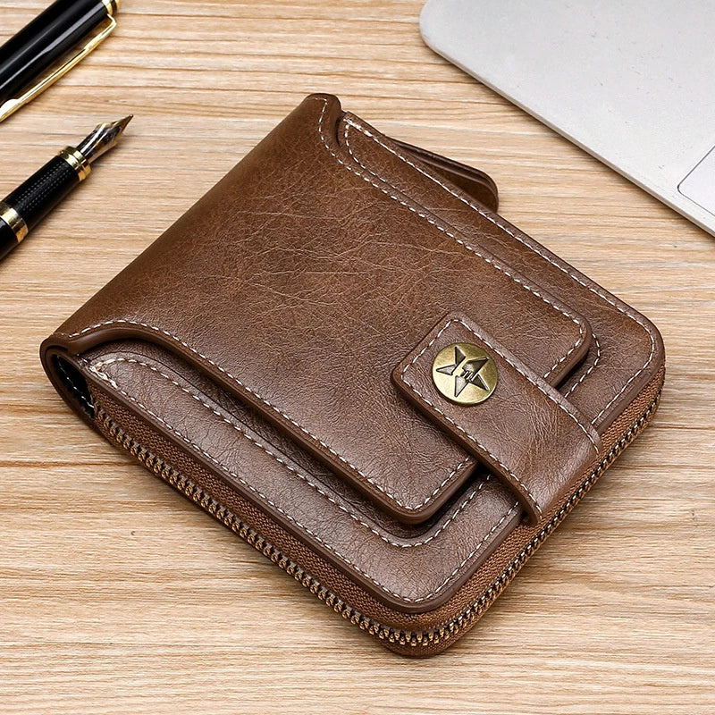 LABER LEE Vintage Men's Leather Wallet - Classic Leather Short Bifold with Hasp & Zipper | Premium Mini Purse for Men