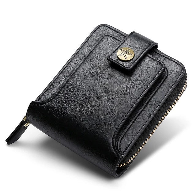 LABER LEE Vintage Men's Leather Wallet - Classic Leather Short Bifold with Hasp & Zipper | Premium Mini Purse for Men