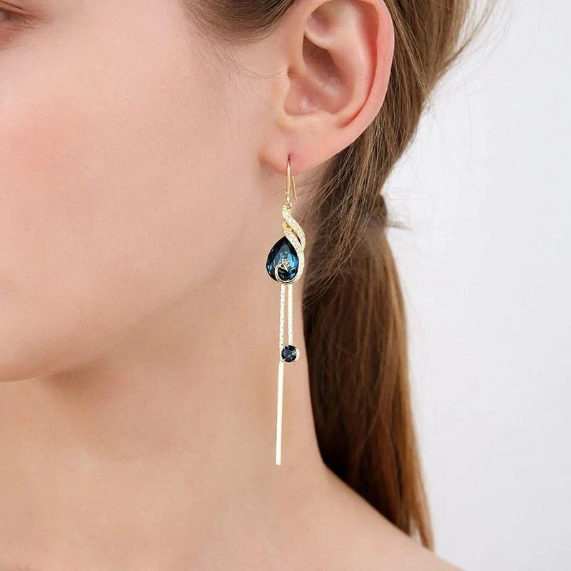 Celestial Gold Earrings with Blue Beads & Chain Tassels