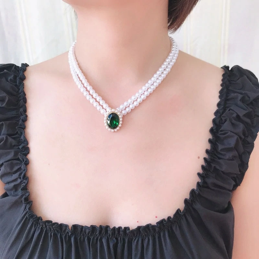 Regal Pearl Necklace – Double Strand with Emerald Halo Pendant