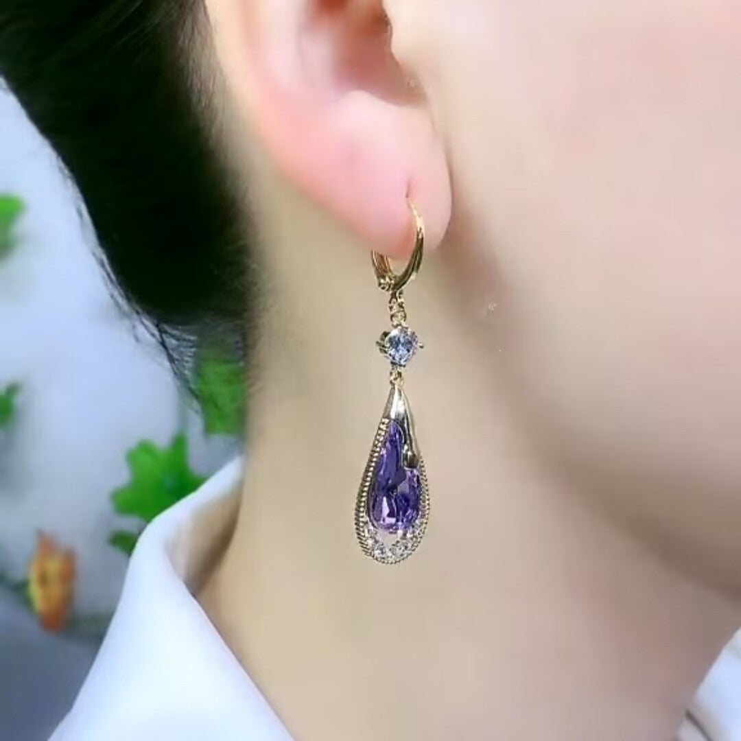 Drop Earrings with Purple Gemstone & Diamond Halo