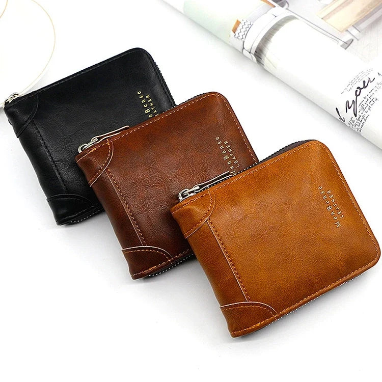 2026 Men's Compact Bifold Wallet - Oil Wax PU Leather Multi-Card Holder with Zipper Coin Pocket