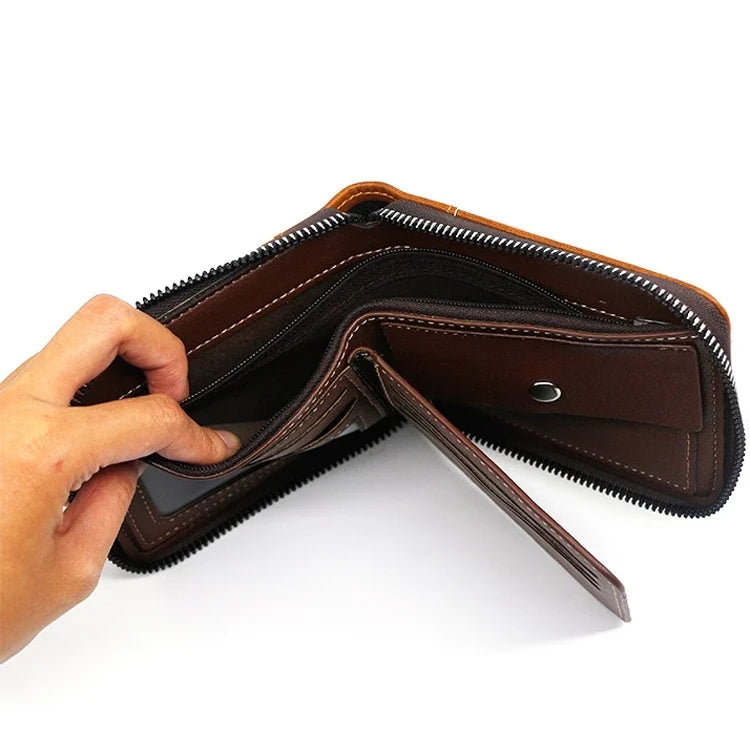 2026 Men's Compact Bifold Wallet - Oil Wax PU Leather Multi-Card Holder with Zipper Coin Pocket