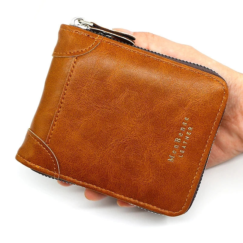 2026 Men's Compact Bifold Wallet - Oil Wax PU Leather Multi-Card Holder with Zipper Coin Pocket