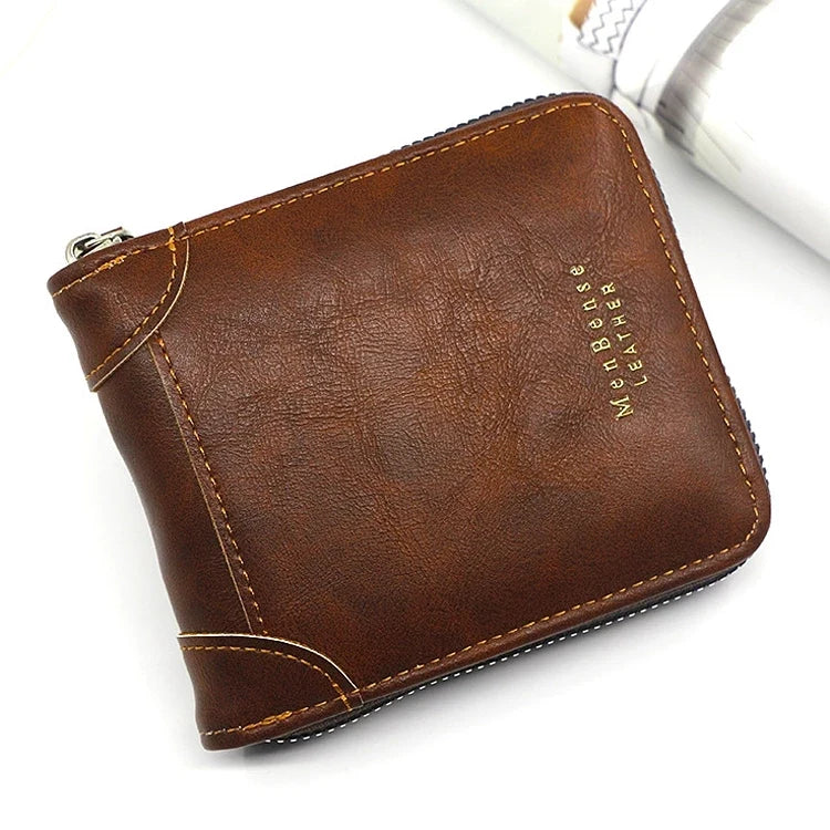 2026 Men's Compact Bifold Wallet - Oil Wax PU Leather Multi-Card Holder with Zipper Coin Pocket