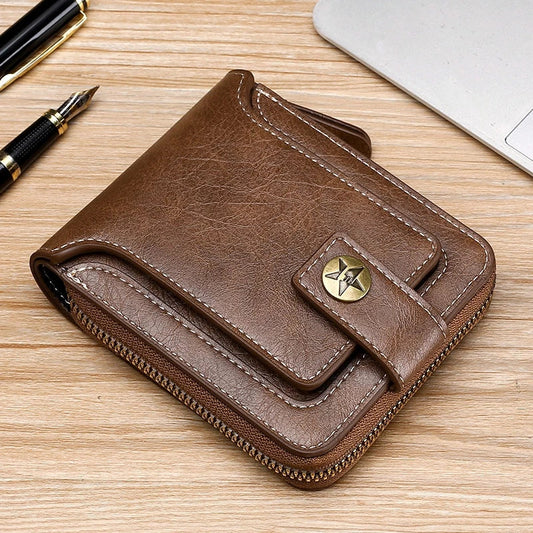 LABER LEE Vintage Men's Leather Wallet - Classic Leather Short Bifold with Hasp & Zipper | Premium Mini Purse for Men