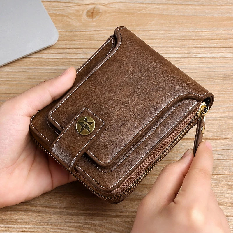 LABER LEE Vintage Men's Leather Wallet - Classic Leather Short Bifold with Hasp & Zipper | Premium Mini Purse for Men