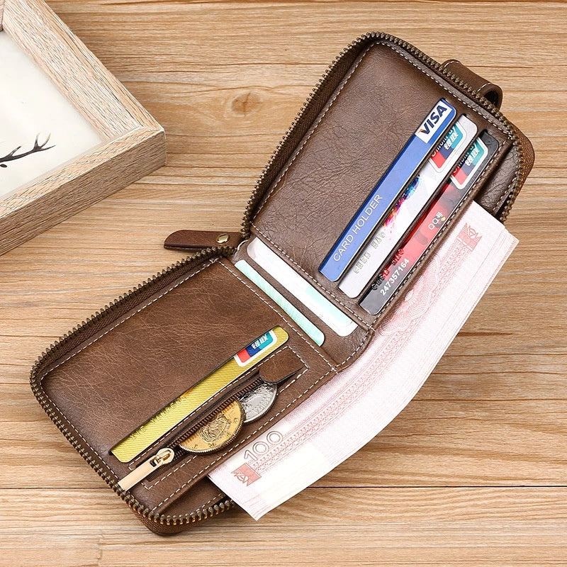 LABER LEE Vintage Men's Leather Wallet - Classic Leather Short Bifold with Hasp & Zipper | Premium Mini Purse for Men